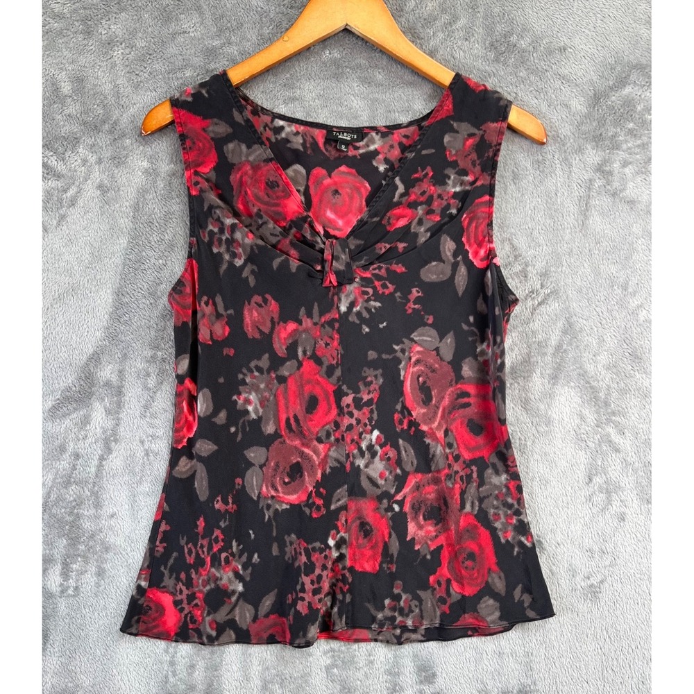 Talbots Silk Tank Top Women 12 Black Red Floral Whimsigoth Feminine Dark Romance